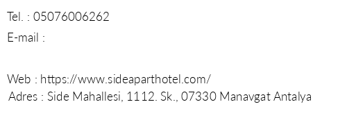 Side Apart Hotel telefon numaralar, faks, e-mail, posta adresi ve iletiim bilgileri